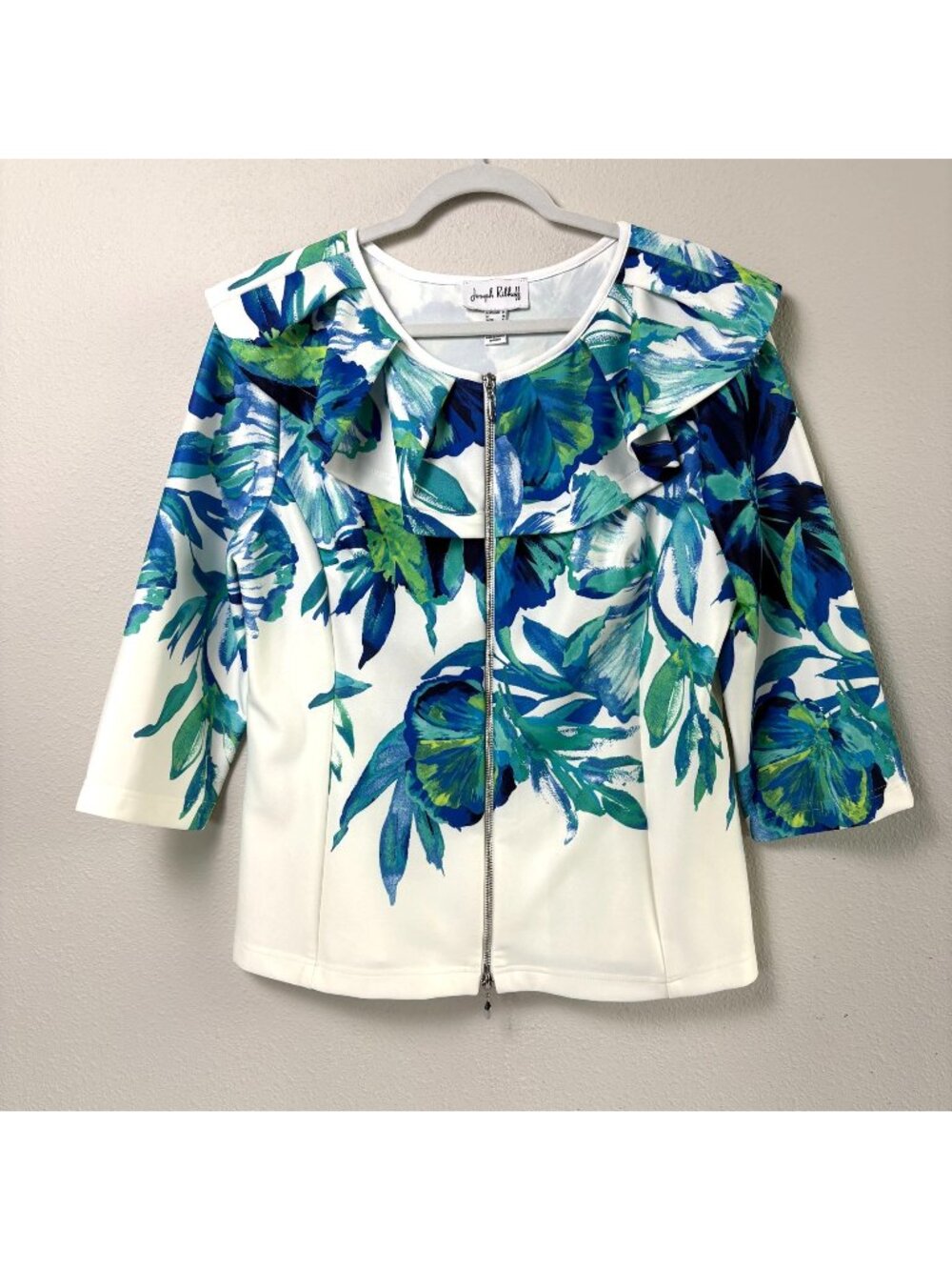 Joseph Ribkoff Jacket Size 14 Blue Floral Ruffle Collar‎ Full Zip 3/4 Sleeve